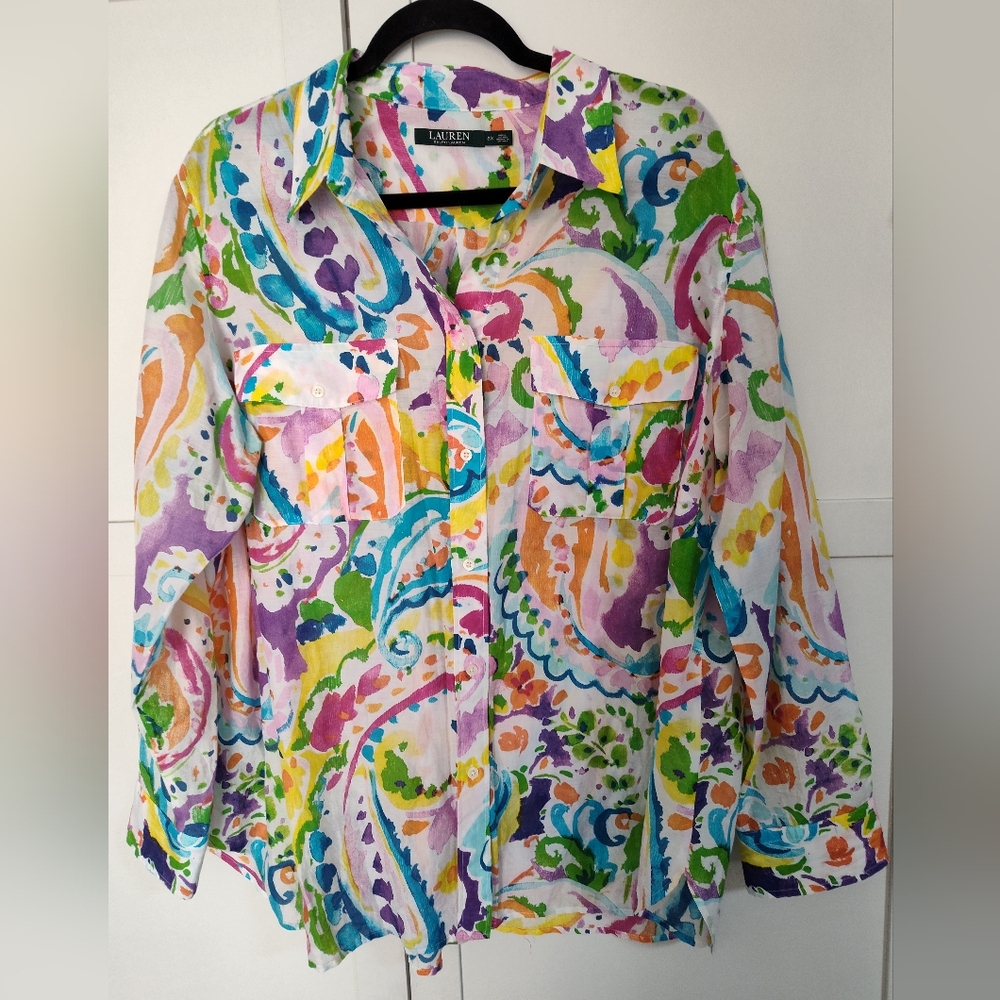 LAUREN RALPH LAUREN Art to Wear Long Sleeve Blouse Silk Cotton 2x Fits 1-2x EUC